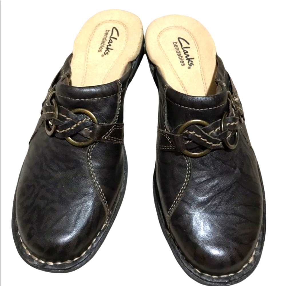 Clarks Bendables Dark Brown Leather Clogs Shoes